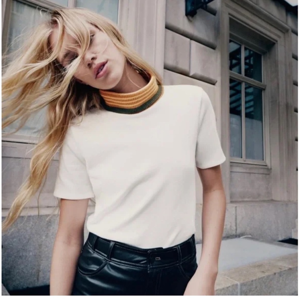 Zara Contrast High Collar Short Sleeve Top - Size S Color: White
